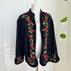 Studio Joy 1XL Christmas Poinsettia Black Cardigan with Floral Embroidery